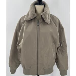 Zara Womens Taupe Gray Bomber Jacket Fur Collar Beige Medium